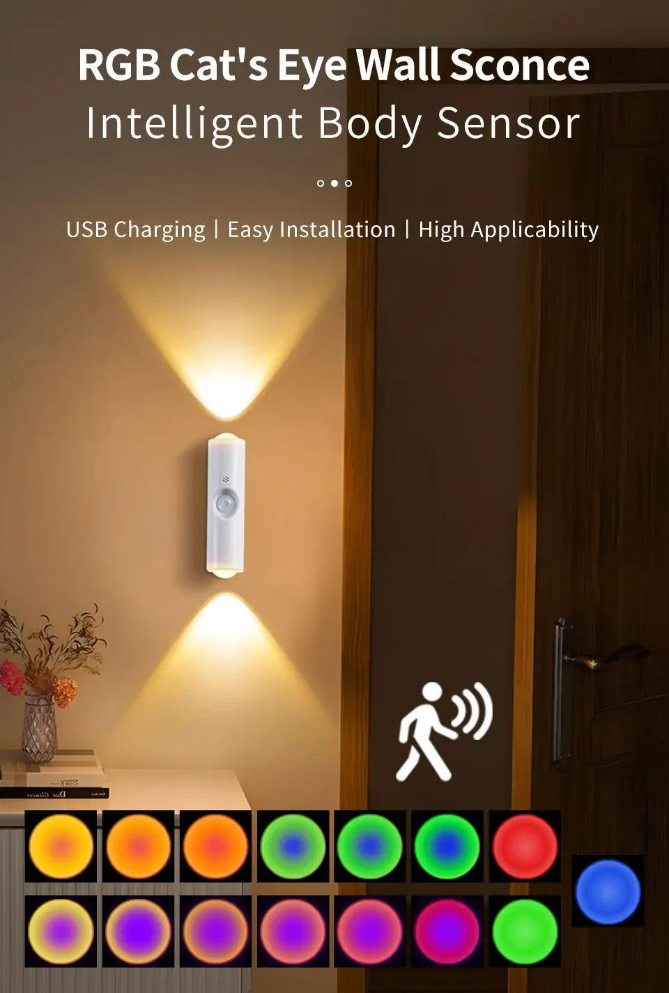 Smart RGB Double-head Wall Light Motion Sensor Magnetic Night Light Rechargeable Spotlight for Bedroom Closet Garden Room Decor
