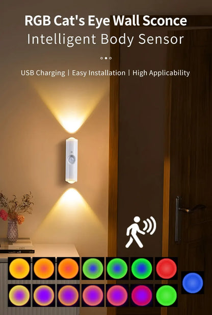 Smart RGB Double-head Wall Light Motion Sensor Magnetic Night Light Rechargeable Spotlight for Bedroom Closet Garden Room Decor