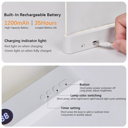 LED Book Light and Night Light 2 in 1, 3 Color Temperatures & Stepless Dimming, USB Rechargeable Reading Light with Timer for Ni