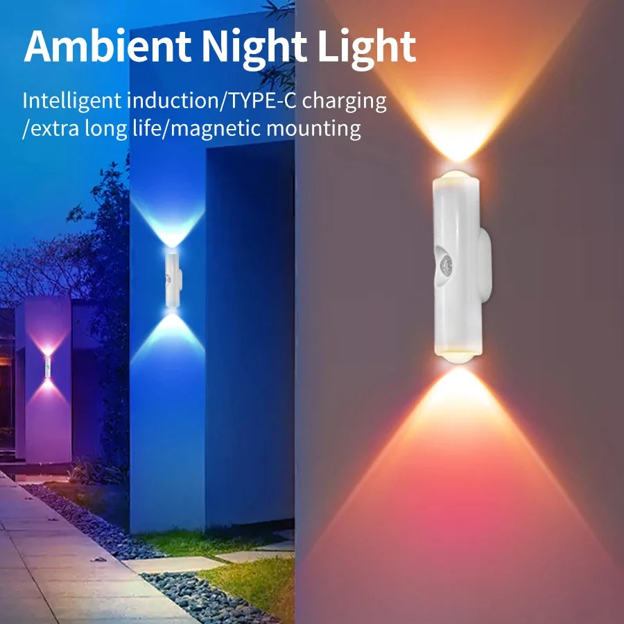 Smart RGB Double-head Wall Light Motion Sensor Magnetic Night Light Rechargeable Spotlight for Bedroom Closet Garden Room Decor